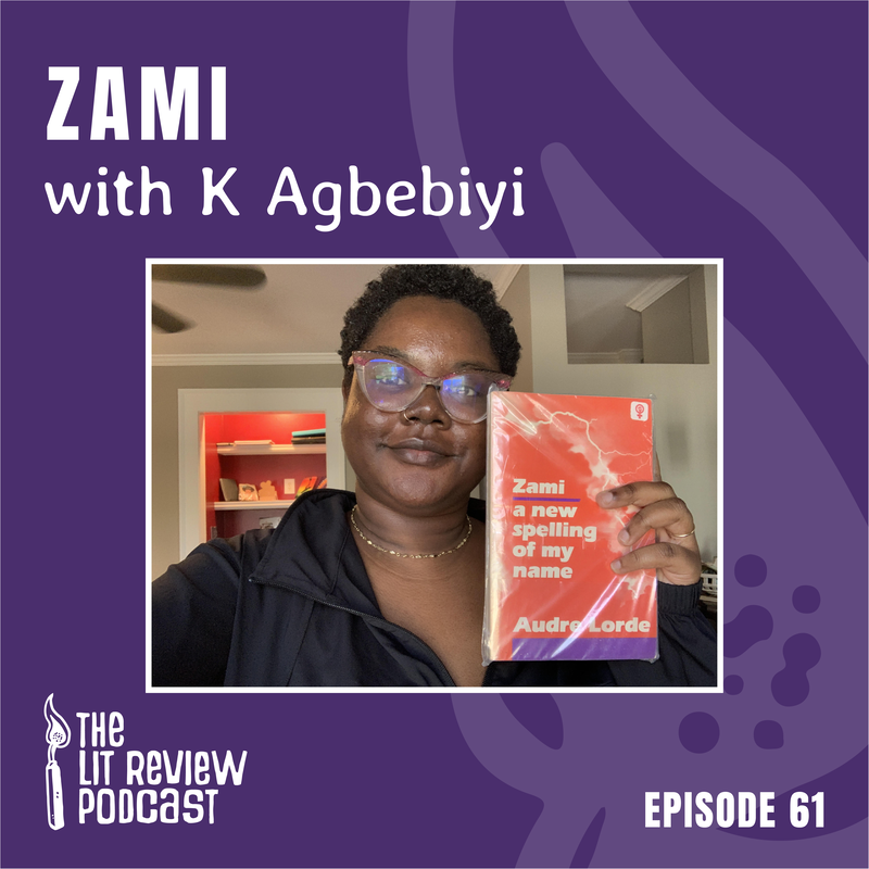 A graphic promoting the episode. A purple colored background with a lightly faded enlarged flame in the background. A photo of K, a Black nonbinary person with glasses is centered and they are holding a first edition copy of the book Zami by Audre Lorde, still in its plastic wrapping. Text reads 